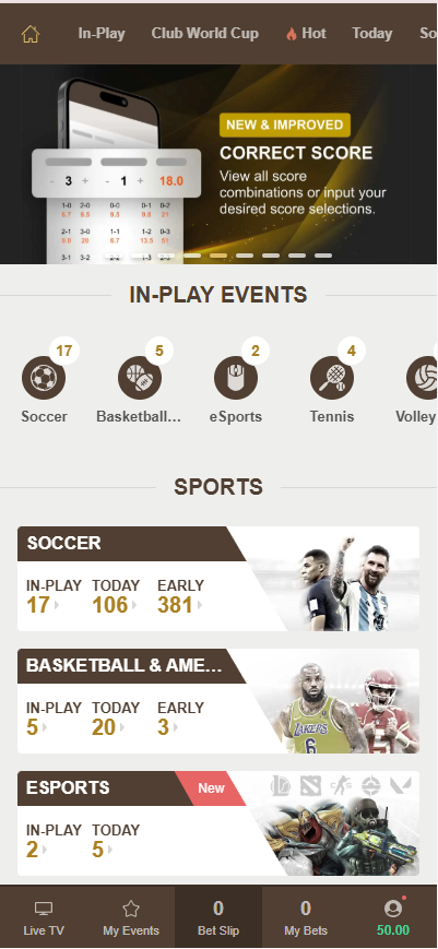 Singbet app, showing in-play, today, and early markets